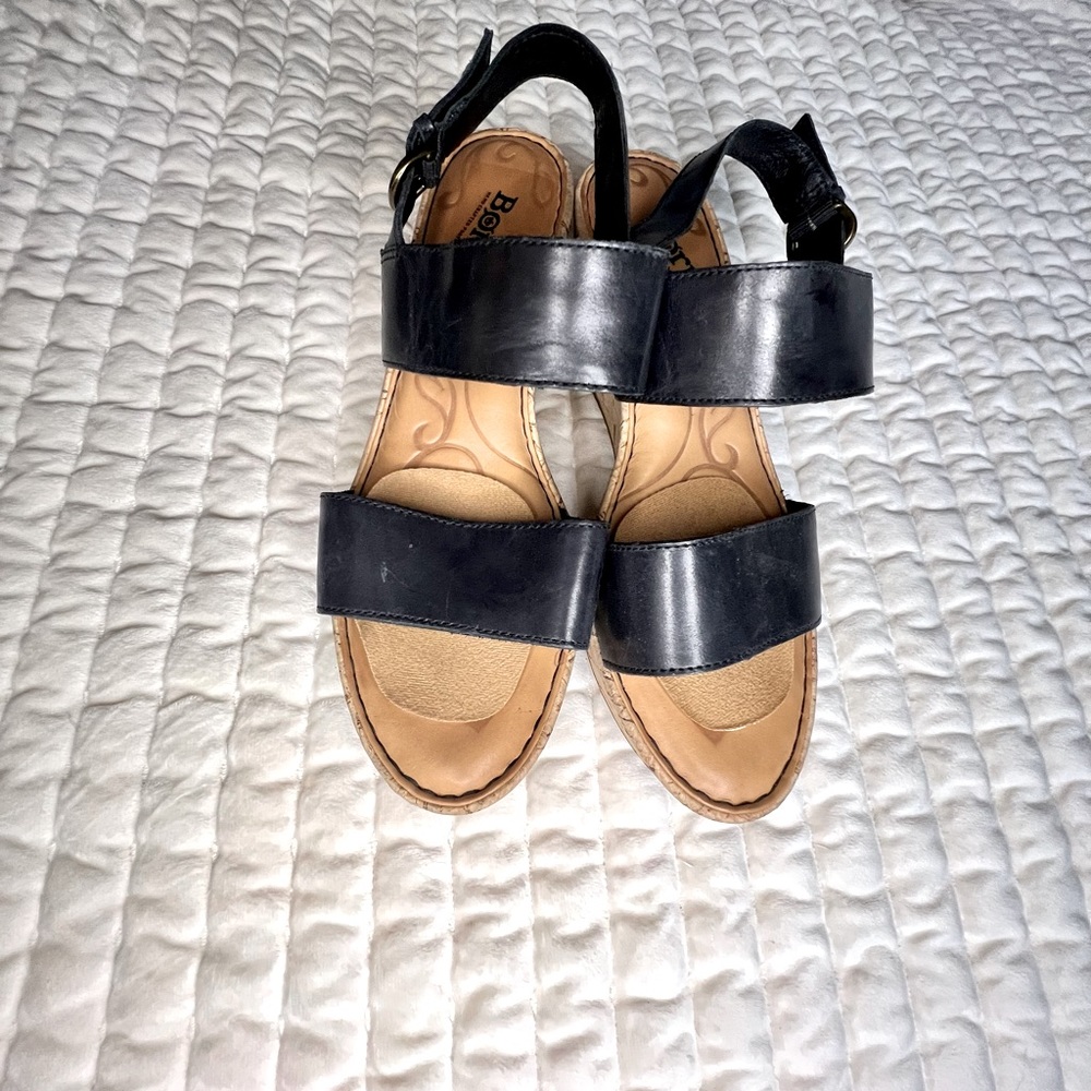 born black leather cork platform wedges size 9